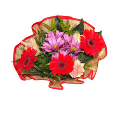 on a white background a large bouquet with red pink and white flowers. Gerbera roses daisies. side view. birthday gift