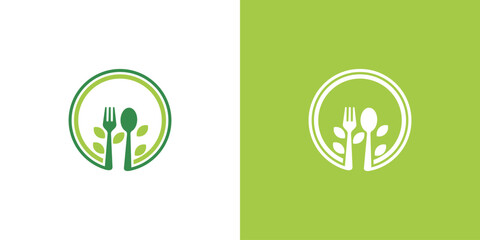 fork and spoon logo design with leaves. organic food design. icon symbol for health restaurant food in simple design