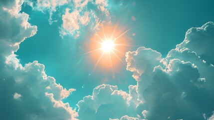 a blue sky with clouds and the sun shining through the clouds in the center of the picture is a bright sun