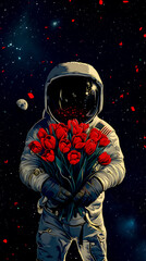 Astronaut in Spacesuit with Festive Bouquet Flowers in his Hands in Space. Illustration Concept for Celebrating Cosmonautics Day. Space Exploration, Satellite Launch, Flight to Moon. Vertical Banner