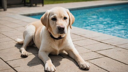Yellow labrador retriever dog standing by the pool