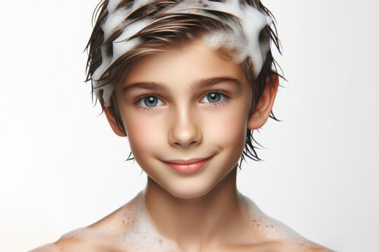 little boy with soaped hair isolated on solid white background. ai generative