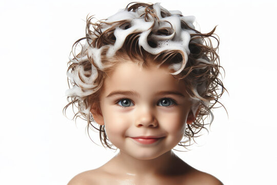 little boy with soaped hair isolated on solid white background. ai generative