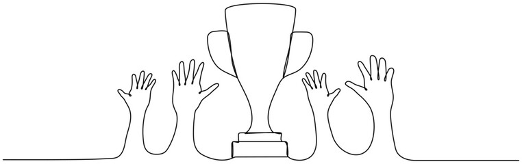 Hands with trophy cup continuous line drawn. Victory concept. Vector illustration isolated on white.