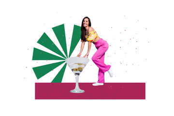 Collage illustration of bar menu where festive girl order premium martini cocktail with olives...