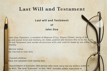 Last Will and Testament, glasses and pen, top view