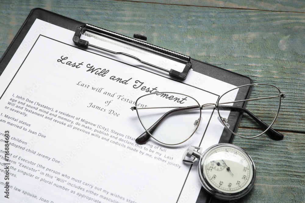 Sticker Last Will and Testament, pocket watch and glasses on rustic wooden table, closeup