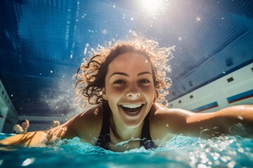 Portrait of an energetic girl in her 20s swimming in an olympic pool. With generative AI technology - obrazy, fototapety, plakaty