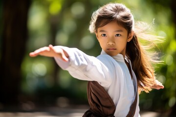 Portrait of an active kid female doing tai chi in a park. With generative AI technology