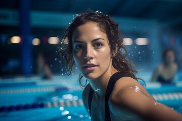 Portrait of a fitness girl in her 20s swimming in an olympic pool. With generative AI technology