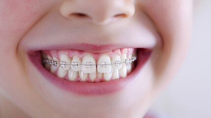Close-up of a happy child's smile with healthy white teeth with metal braces. Pediatric dentistry concept