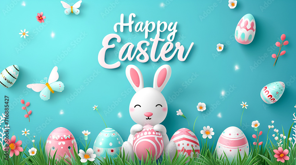 Fototapete 3d easter card with a white bunny and beautiful painted eggs and butterflies and flowers on a blue b