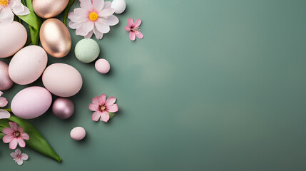 Fototapeta na wymiar Easter background banner with eggs painted in rose gold with spring pink flowers on a muted green background with copy space for text