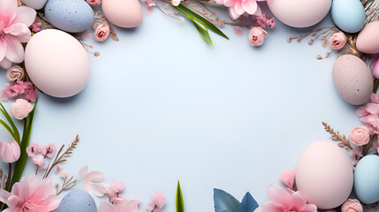 Naklejka na ściany i meble Easter background. Easter eggs of pastel color and delicate pink spring flowers lie on a sky blue background, top view, creating a frame with space for text and advertising.