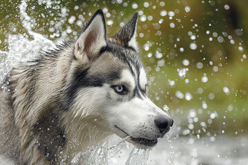 Obraz premium Close-up Capture: Siberian Husky Engaging with Liquid Flow Amidst Lush Greenery