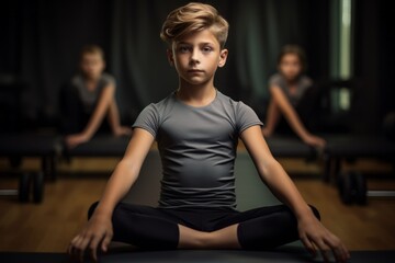 Fototapeta na wymiar Portrait of a concentrated kid male practicing pilates in a studio. With generative AI technology