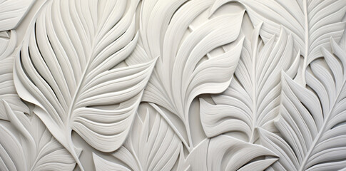 a white and tan background, with a tropical leaf pattern, in the style of contour line, light black and gray, extruded design, luminous colors, punctured canvases, soft-edged, carving