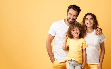 shot of happy family wearing white shirts, stand smiling isoalted over yellow studio background - obrazy, fototapety, plakaty