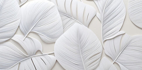 a white and tan background, with a tropical leaf pattern, in the style of contour line, light black and gray, extruded design, luminous colors, punctured canvases, soft-edged, carving