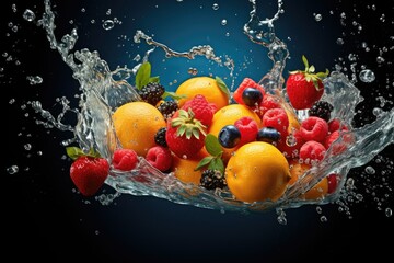 Fresh fruit splashing into clear water, Fresh fruits into clear water splash background, panorama...