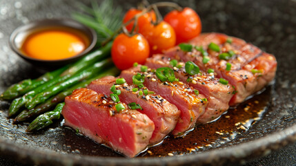 Creative Michelin-starred bluefin tuna with tuna green asparagus, black ceramic tableware, and rustic Japanese style. cinematic.