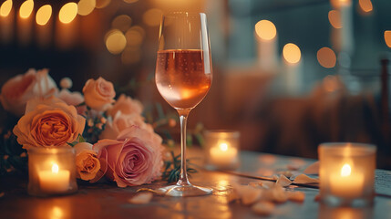 A wine glass amid roses is pure elegance. The slender stem cradles indulgence, mirroring the passion of blossoms. Sipping becomes a dance of flavors, a poetic communion with a floral symphony. Love - obrazy, fototapety, plakaty