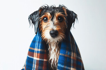 wet Cute dog with a warm blue plaid on a solid white background. ai generative