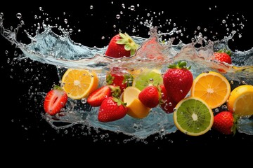 Fresh fruit splashing into clear water, Fresh fruits into clear water splash background, panorama wallpaper with fruits in the water fresh, Ai generated