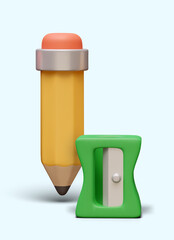 3D yellow pencil, green sharpener. Colored stationery in cartoon style
