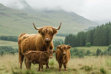 Highland Cow Family in Scotland's Hinterland