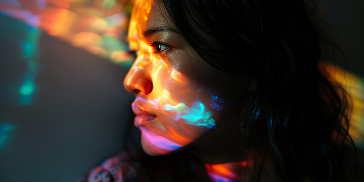 Profile of a contemplative woman with colorful light patterns dancing on her skin, creating a vibrant look