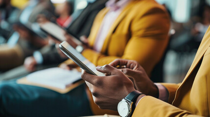 A close-up of hands holding tablets and taking notes during a breakout session at a technology-focused business conference - obrazy, fototapety, plakaty