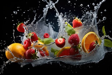 Fresh fruit splashing into clear water, Fresh fruits into clear water splash background, splash water with freshnes fruits, Ai generated