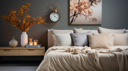 The meticulous arrangement of pillows and the subtle presence of a modern clock create a harmonious and inviting atmosphere in the bedroom.