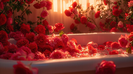 The mystical scent of roses in the bathroom: the mystery of the petals, the play of light and water