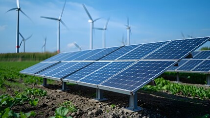 solar panels and turbines, a solar panel and wind turbines in a field of grass and dirt with blue sky in the background and a few green plants in the foreground