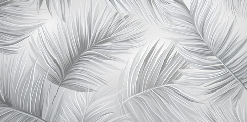 a seamless image with palm leaves on a white background, in the style of carved surfaces, light gray and gray, textured, layered surfaces, luminous colors, mural painting, linear outlines - obrazy, fototapety, plakaty