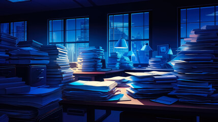 Desk in Office is Littered with Folders and Files with Work. Night Time, Dim Lights, No People. Workplace with a Bunch of Documents and Laptop. Overworked and Overtime, Workload concept. - obrazy, fototapety, plakaty