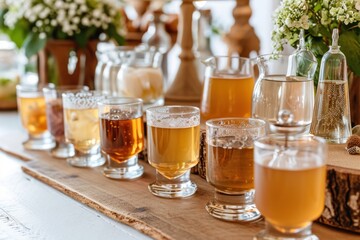Kombucha tasting setup, small glasses with different brews, elegant presentation, candid light