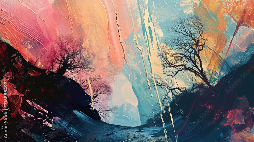 Poster colorful abstract background with a tree in the foreground and a river in the background