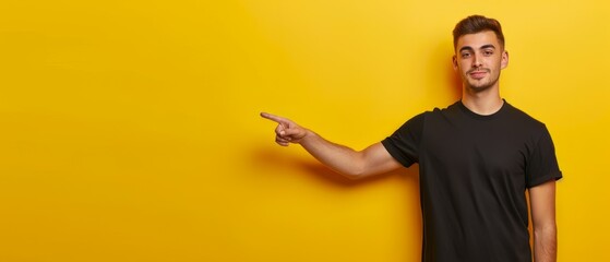 Fototapeta premium Studio photo of young man standing on left isolated on yellow background pointing at blank space for your advertisement in black t shirt seeing something unusual or unexpected. Generative ai