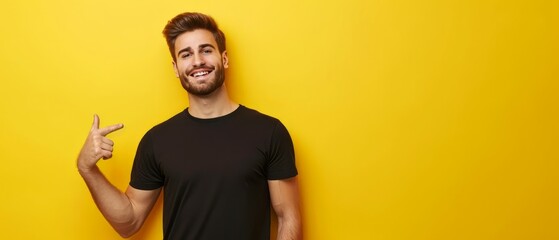 Studio photo of young man standing on left isolated on yellow background pointing at blank space for your advertisement in black t shirt seeing something unusual or unexpected. Generative ai - obrazy, fototapety, plakaty