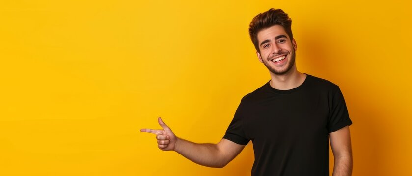 Studio photo of young man standing on left isolated on yellow background pointing at blank space for your advertisement in black t shirt seeing something unusual or unexpected. Generative ai