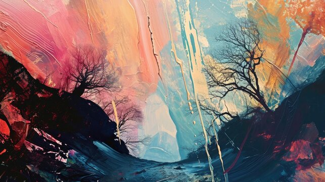 Colorful abstract background with a tree in the foreground and a river in the background