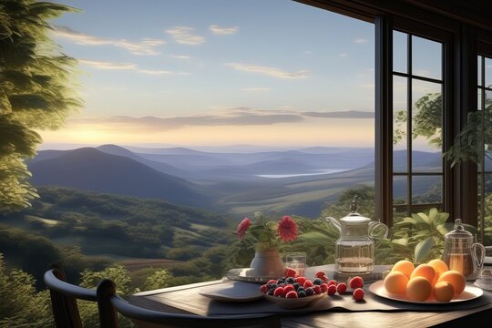 Mesa posta para o caf&eacute; da manh&atilde; ao lado de uma janela com linda paisagem ao nascer do sol. (gerado com IA)