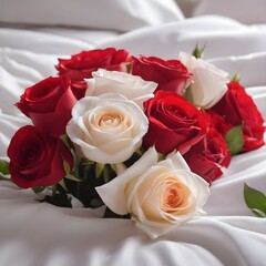 Red and white roses on white sheets with copy space. Closeup of beautiful flowers. Festive backdrop with space for text. Birthday, Valentines day, international females day concept 