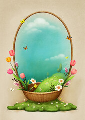 Spring background Greeting card or poster or invitation with Easter basket for holiday  Easter 