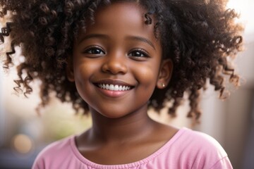 Retrato de uma menina afro, cinco anos, sorrindo para a câmera, gerado com IA (Leonardo AI)