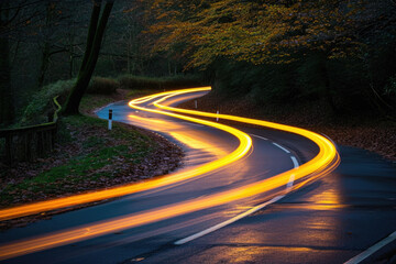 Lights of cars driving along a beautiful highway in the forest. Long lasting impact.