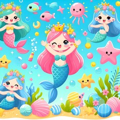 Cute 3D Mermaid Colorful illustration background